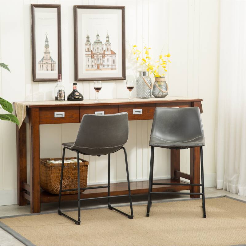 Farmhouse Faux Leather Bar Stools Set of 2, Metal Frame Counter Height Chair with Footrest for Kitchen Island, Dining Room