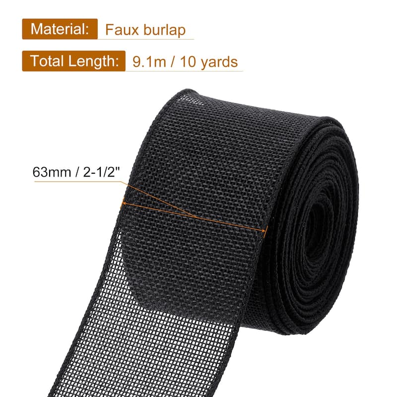 Burlap Wired Ribbon, 10 Yards Fabric Ribbon Roll - Black - 2.5"