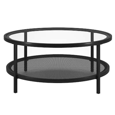 36" Round Modern Coffee Table with Storage Shelf Black Glass Top and Steel Legs for Living Room - 36"W x 36"D x 17"H