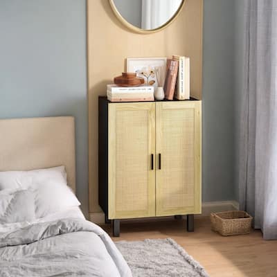 Sideboard Buffet Cabinet with 2-Rattan Doors, Adjustable Shelves, Boho Kitchen Storage Cabinet for Living Room, Black & Natural