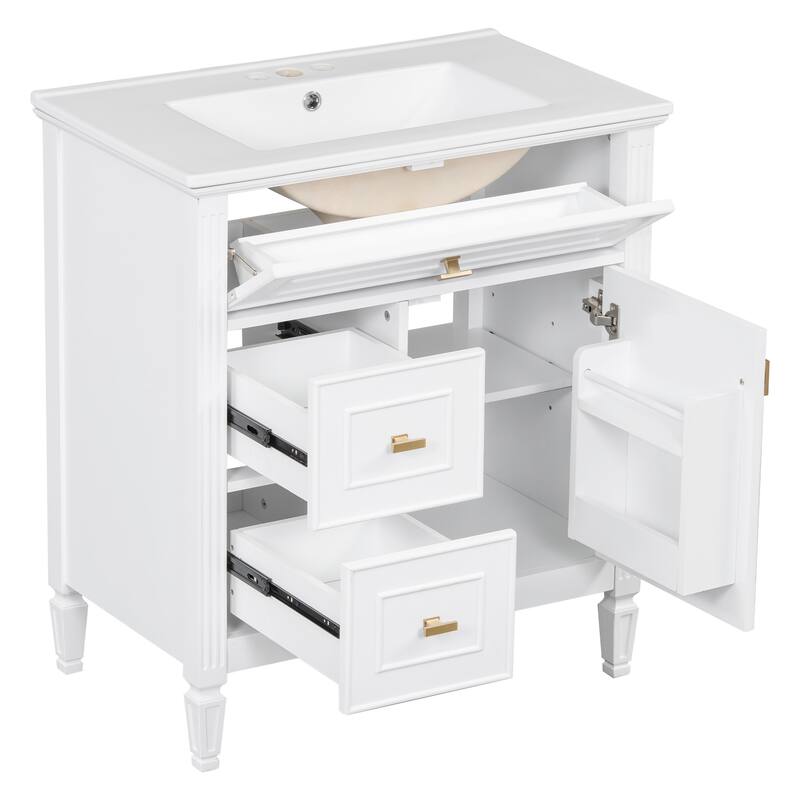 Roomfitters 30" Bathroom Vanity with Ceramic Sink, Solid Wood Frame with Flip Drawer, 2 Side Drawers & Adjustable Shelf