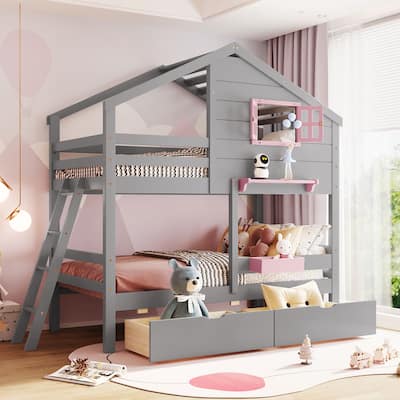 Gray Twin over Twin Solid Wood Bunk Bed with Drawers, Storage Box, and Roof