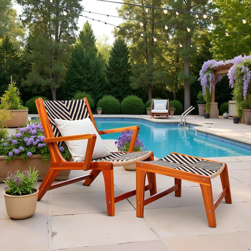 M4H Sevilla Outdoor Wicker Wooden Lounge Chair Set with Ottoman - 9' x 12'