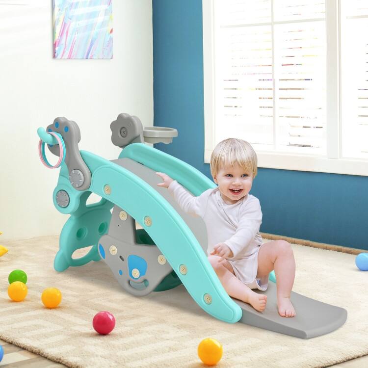 4-in-1 Toddler Slide and Rocking Horse Playset with Basketball Hoop - Blue