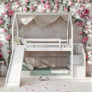 Modern Twin Over Twin House Bunk Bed With Convertible Slide,Storage Staircase Can Be Placed Left Or Right for Bedroom