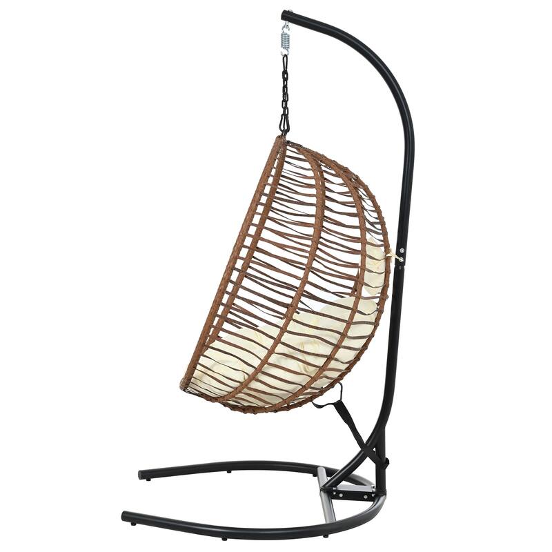 Roomfitters Single Person Folding Egg Chair with Stand, UV Resistant Wicker Rattan Swing for Patio, Garden