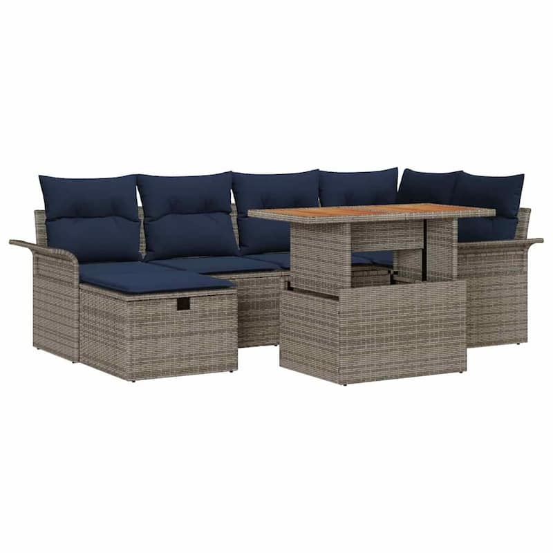 vidaXL 7 Garden Sofa Set with Cushions Black/Grey Poly Rattan - 95.5 x 52.2 x 27.2
