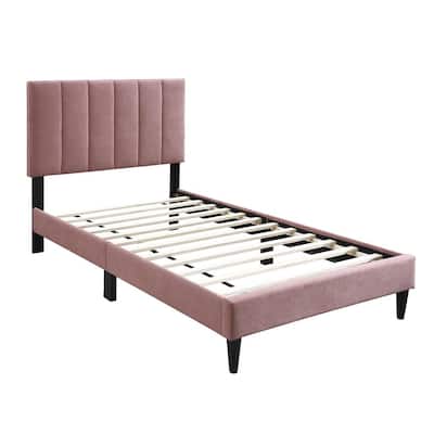 Lilian Full Size Bed, Blush Pink Linen Upholstery, Channel Tufted