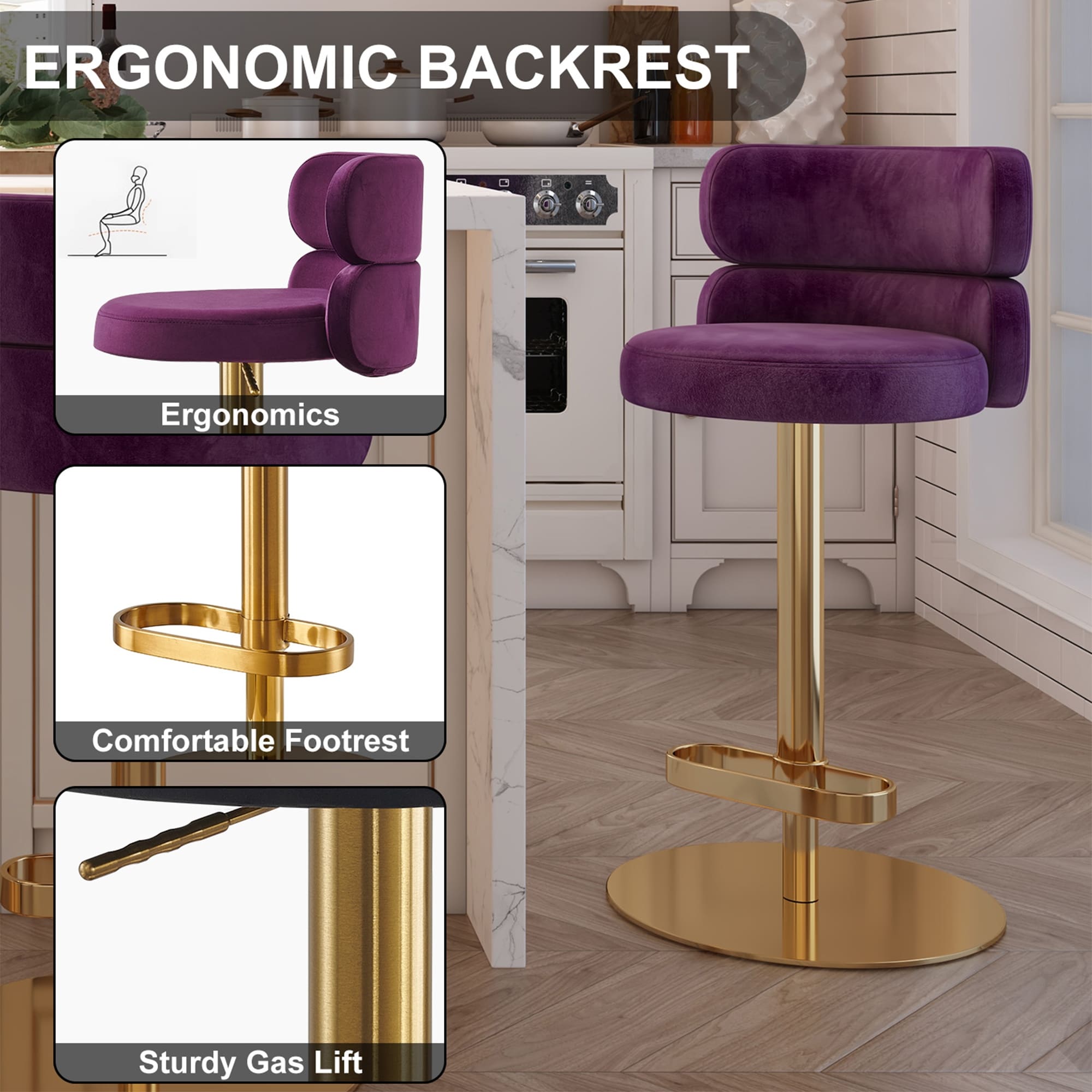 Modern Velvet Bar stool with Height Adjustable and Swivel