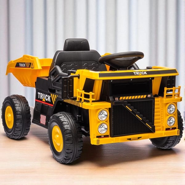 slide 2 of 7, 12V Kids Ride-On Dump Truck with Electric Dump Bed, Music, LED Headlights, Spring Suspension, Ages 3-5 Yellow