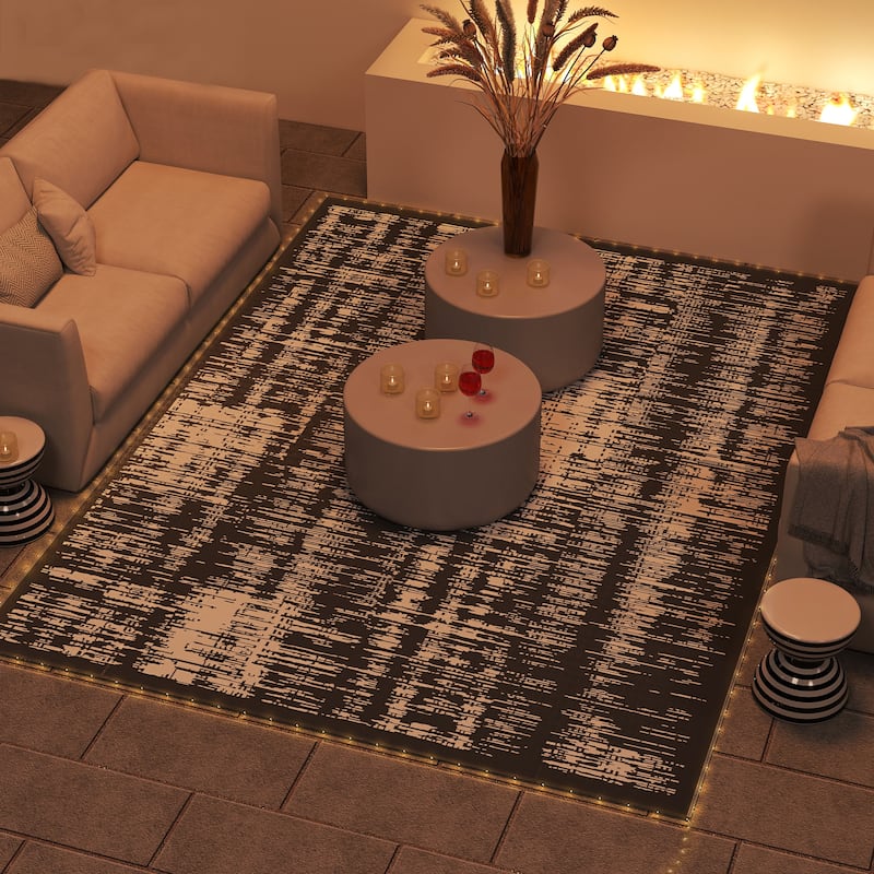 Outsunny Reversible Outdoor Rug Carpet with LED Lights, 12' x 9' PP Straw Rug, Portable RV Floor Mat - 9' x 12' - Grey