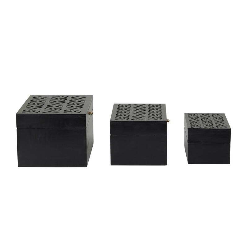 Wood Intricate Carved Box with Hinged Lid (Set of 3) - S/3 12, 10, 9"W
