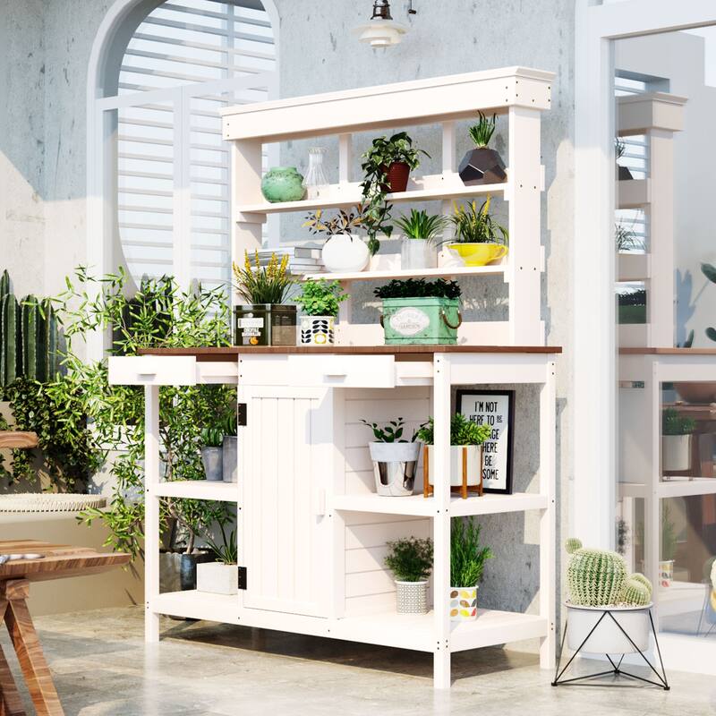 Outdoor Wooden Potting Bench Table, Garden Potting Bench with Cabinet, Patio Workstation with 4 Open Shelves and 2 Drawers - White