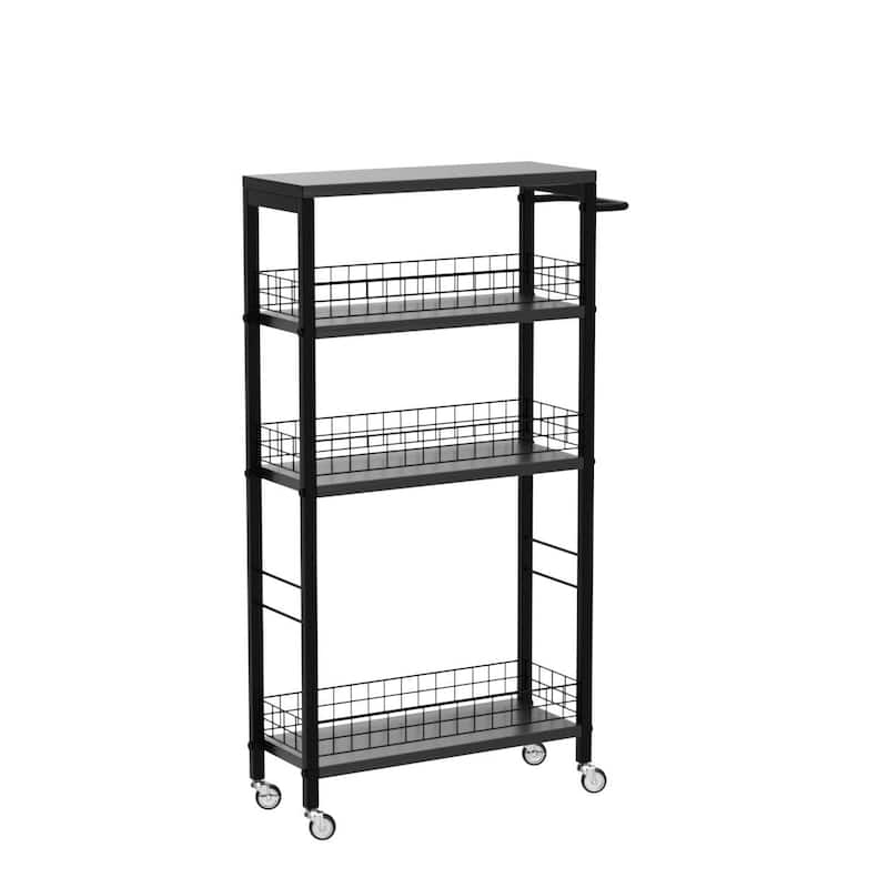 Slim Storage Cart Kitchen Rolling Utility Cart on Wheels 4 Tier Mobile Narrow Cart with Wood and Metal Handle Slide Out Storage