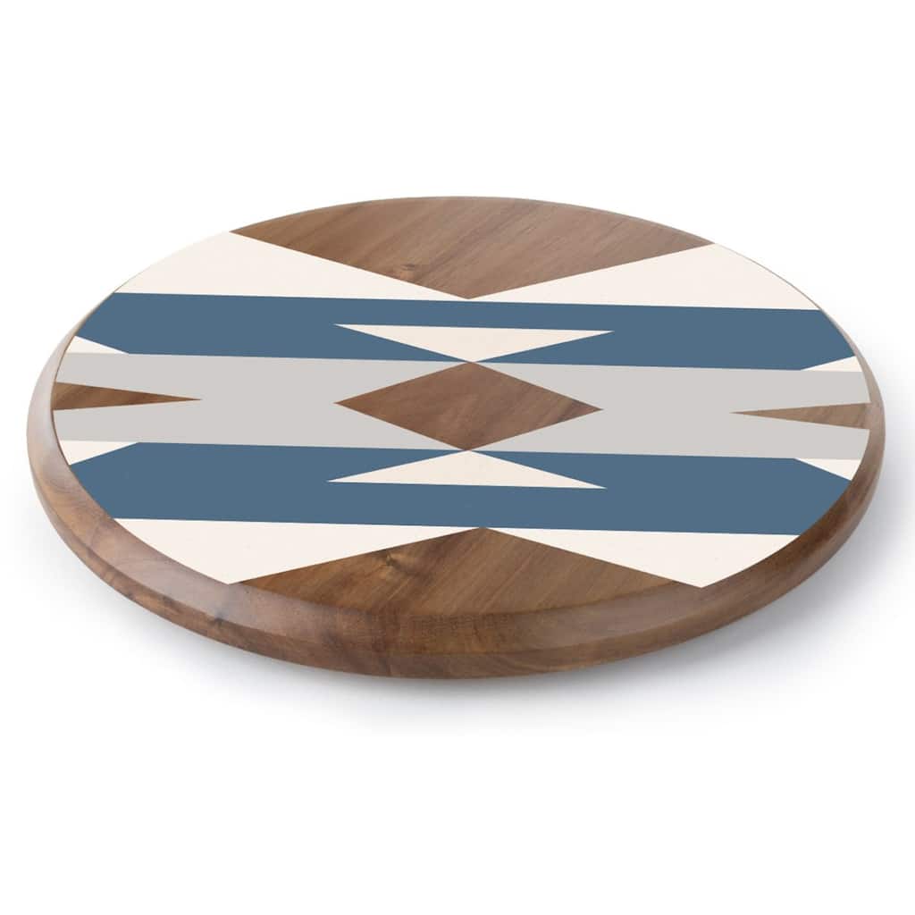 Southwest Pattern Floral Round Acacia Wood Lazy Susan Turntable 14" Diameter for Serving Kitchen Organization Condiment Caddy