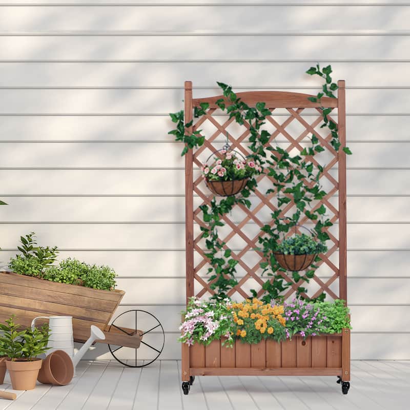 Raised Garden Bed with Trellis 2 Pack, Outdoor Wooden Planter Box & Plant Stand with Climbing Racks