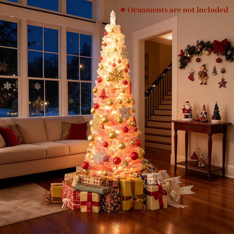 Costway 6/7 FT Snow-flocked Artificial Pink Christmas Tree with 140 - See Details