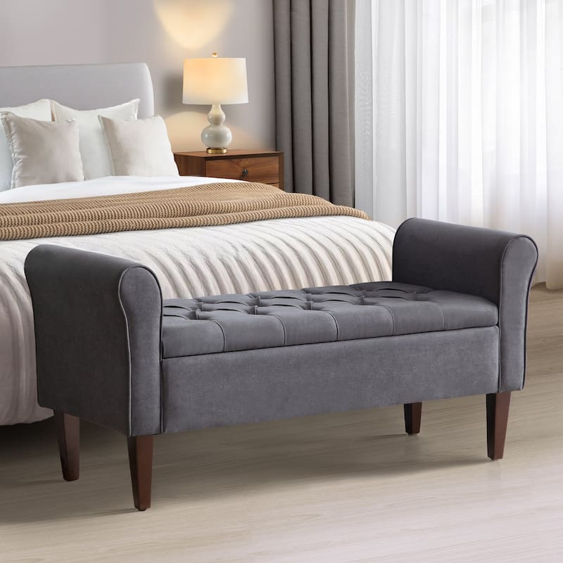 Upholstered Storage Bench Arm Bench Entryway Bench with Tufted Flip Top 50.4 Inches - Grey