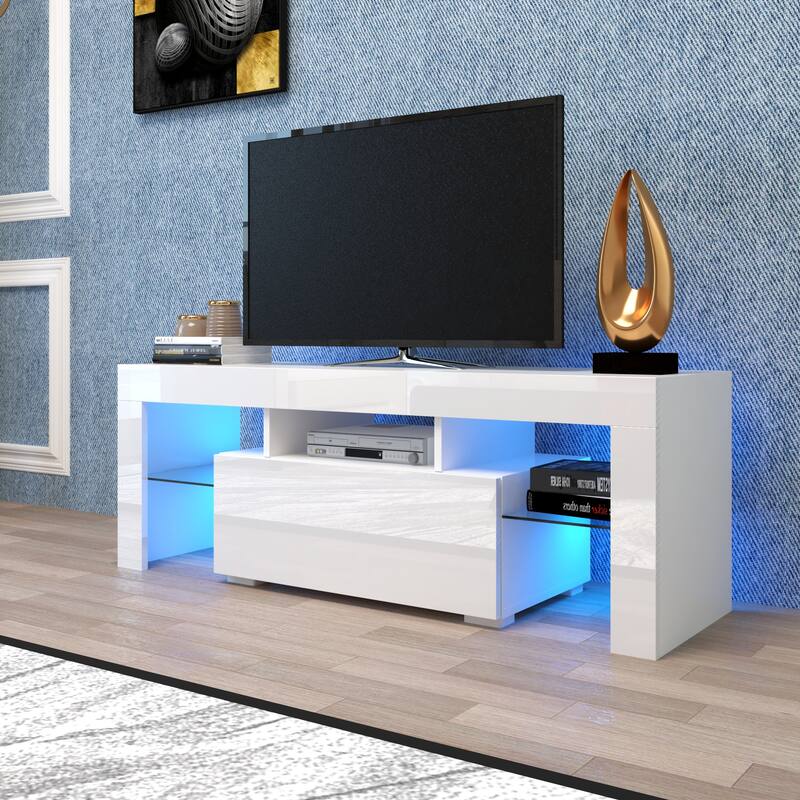 White Modern Style 51.18" TV Stand with LED RGB Lights and Big Drawer for TVs Up to 50"