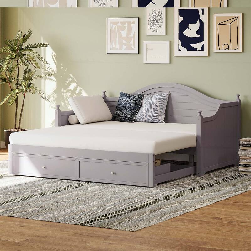 Wood Daybed with Extendable Trundle and Storage Drawers for Living Room or Guest Room