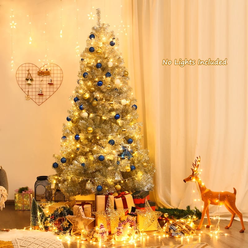 Gymax 7.5 FT Silver Tinsel Christmas Tree Artificial Hinged Tree - See Details