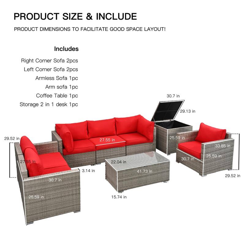 8-Pieces Wicker Outdoor Sectional Set with Glass Coffee Table and Cushions