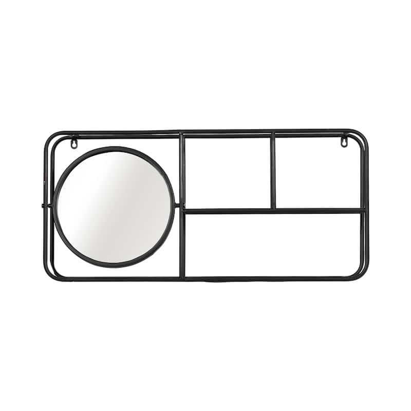 29"Lx5"Wx14"H Oval Wall Shelf with Mirror, Black Iron and Wood Finish, Wall Storage for Bathroom, Vanity, and Decorative - Black - 29" x 5" x 14"