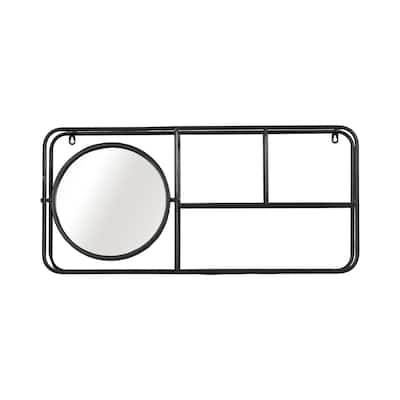 29"Lx5"Wx14"H Oval Wall Shelf with Mirror, Black Iron and Wood Finish, Wall Storage for Bathroom, Vanity, and Decorative