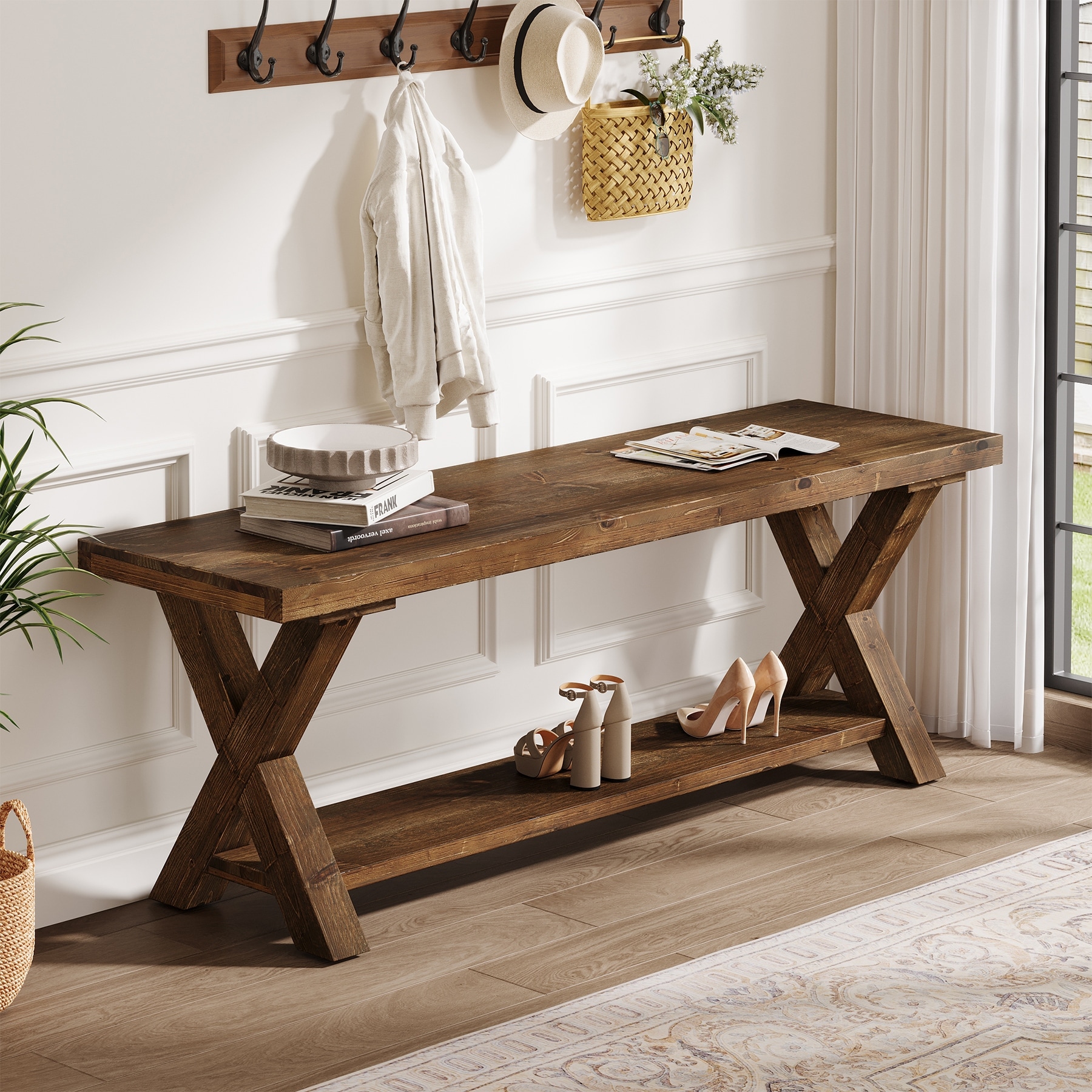 43.3 Inch Farmhouse Solid Wood Entryway Bench with Storage