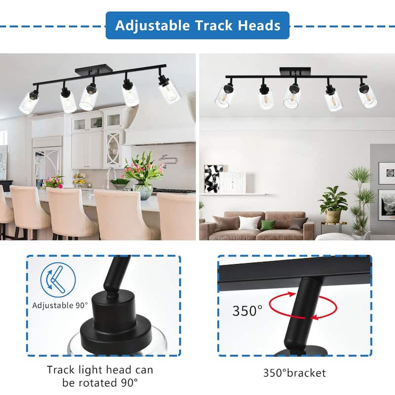 5-Light Track Lighting Kit Bathroom Light Fixtures Matte Black Ceiling Spotlight Fixture, Clear Glass Shade