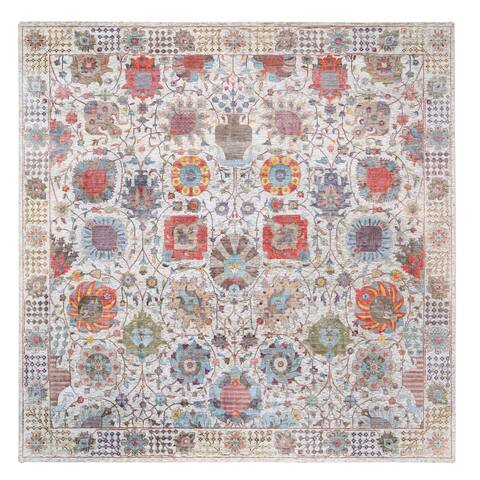 Shahbanu Rugs Hand Knotted Ivory Tabriz Vase With Flower Design Colorful Silk With Textured Wool Square Rug (10'0" x 10'1")