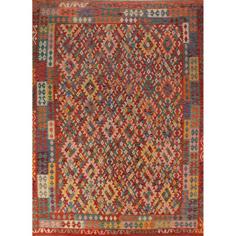 Tribal Orange Kilim Oriental Area Rug Hand-Woven Wool Carpet - 8'9"x 11'6"