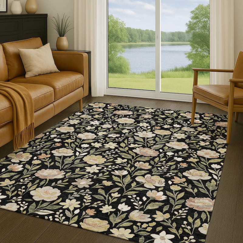 Machine Washable Indoor/ Outdoor Floral Garden Chantille Rug