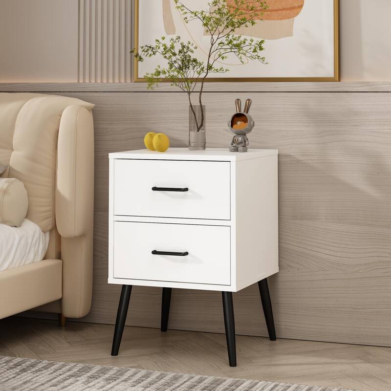 2-Drawer Nightstand with Metal Legs and Metal Handles, Modern White Bedside Table, Small End Table for Bedroom, Living Room