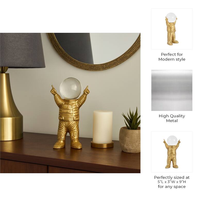 Decorative Metal Astronaut Figurine - Glass Orb Head - 9", Gold - 9.0"