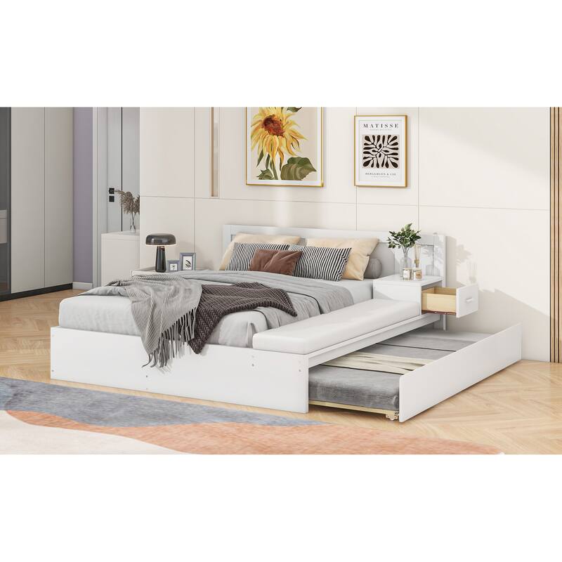 Full Size Wood Storage Hydraulic Platform Bed with Twin Size Trundle, Side Table and Lounge