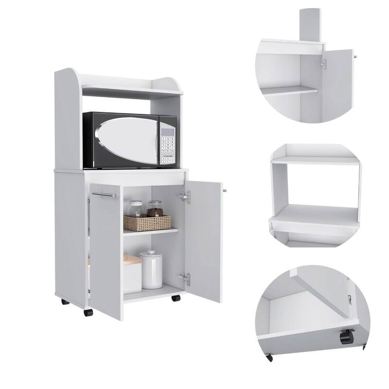 White 1-Shelf 2-Door Kitchen Pantry with Countertop & Caster Wheels, Microwave Storage Solution