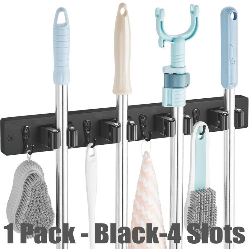 Wood Mop Broom Holder Wall Mount with 4 Slots & 4 Hooks - 1 Pack - Black-4 Slots