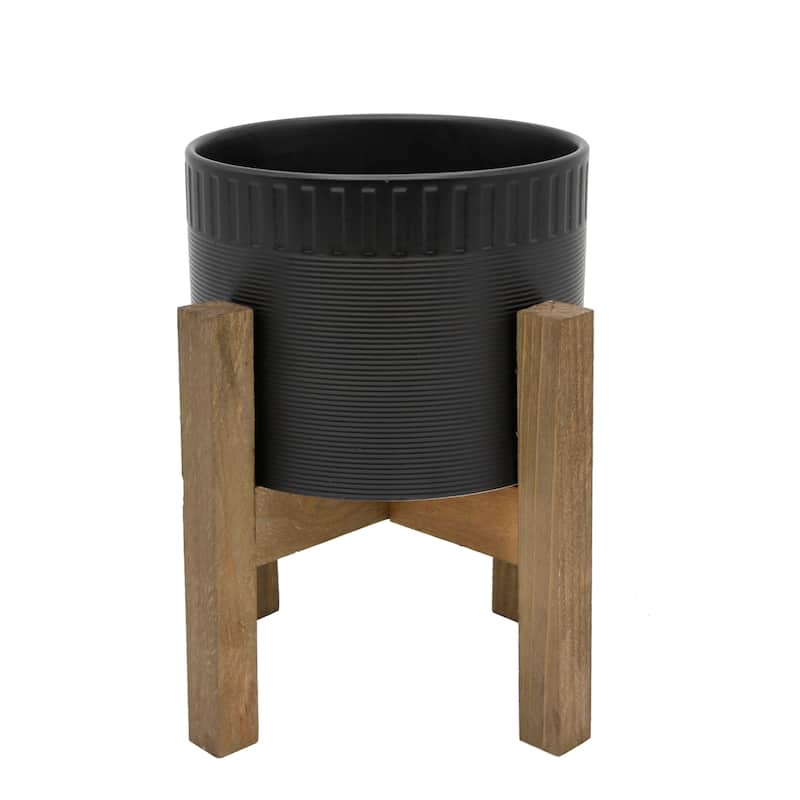 Mid-Century 8" CERAMIC DUMPLING POT ON WOOD STAND,Matte White