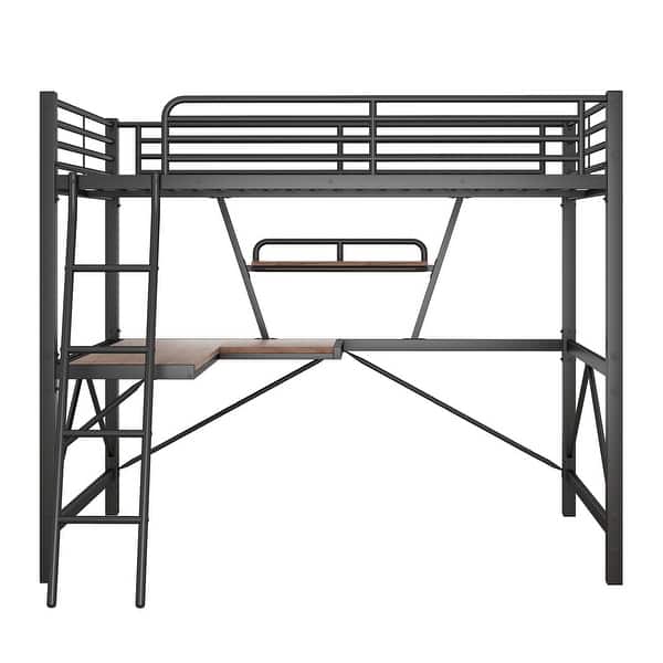 slide 2 of 8, Metal Full Loft Bed Frame with L-Shaped Desk for Study & Work, Black Black - Full