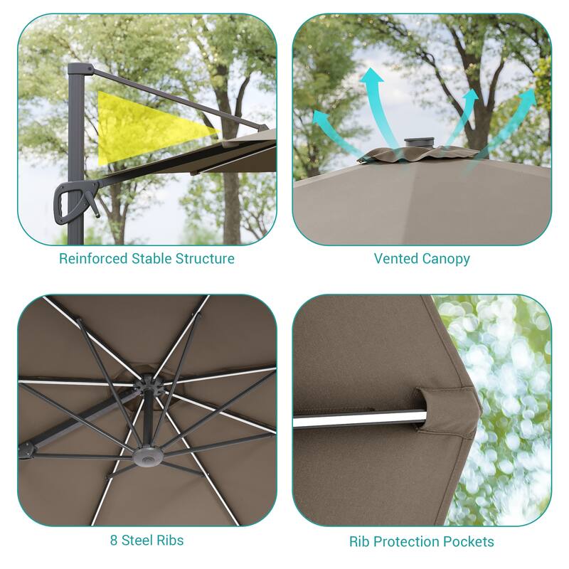 BONOSUKI Solar-powered 10FT Cantilever Patio Umbrella, Ultimate Outdoor Comfort with 360° Rotation and Canopy Angle Adjustment