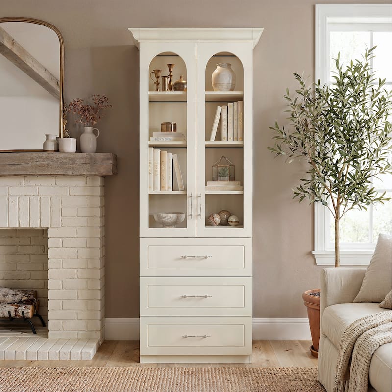Modular Bookcase with LED Lights, Glass Door Storage Cabinet with Drawers, Large Display Shelving Unit Sideboard