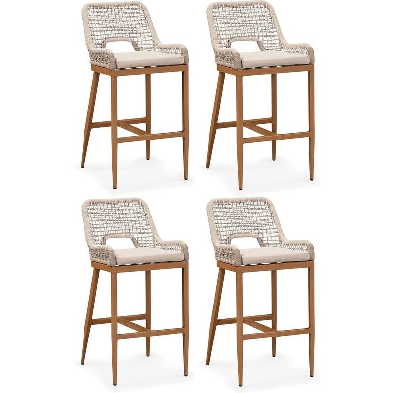 PURPLE LEAF Modern Counter Bar Stools Set of 4 Rattan Chairs with Back and Cushion Kitchen Barstools - Plaid - Bar Height