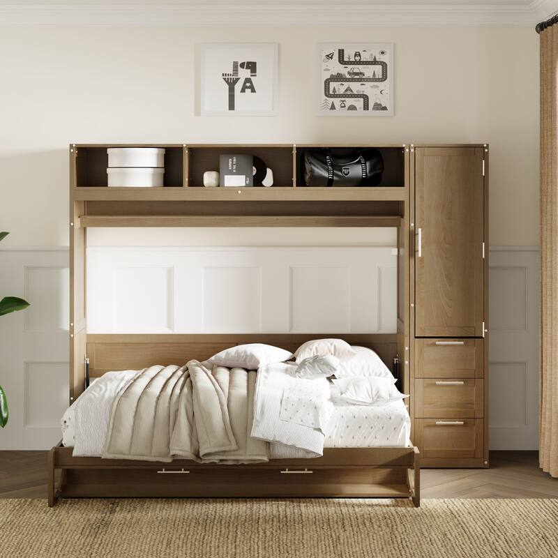 Full Size Murphy Bed with Wardrobe, Drawers, Open Shelves