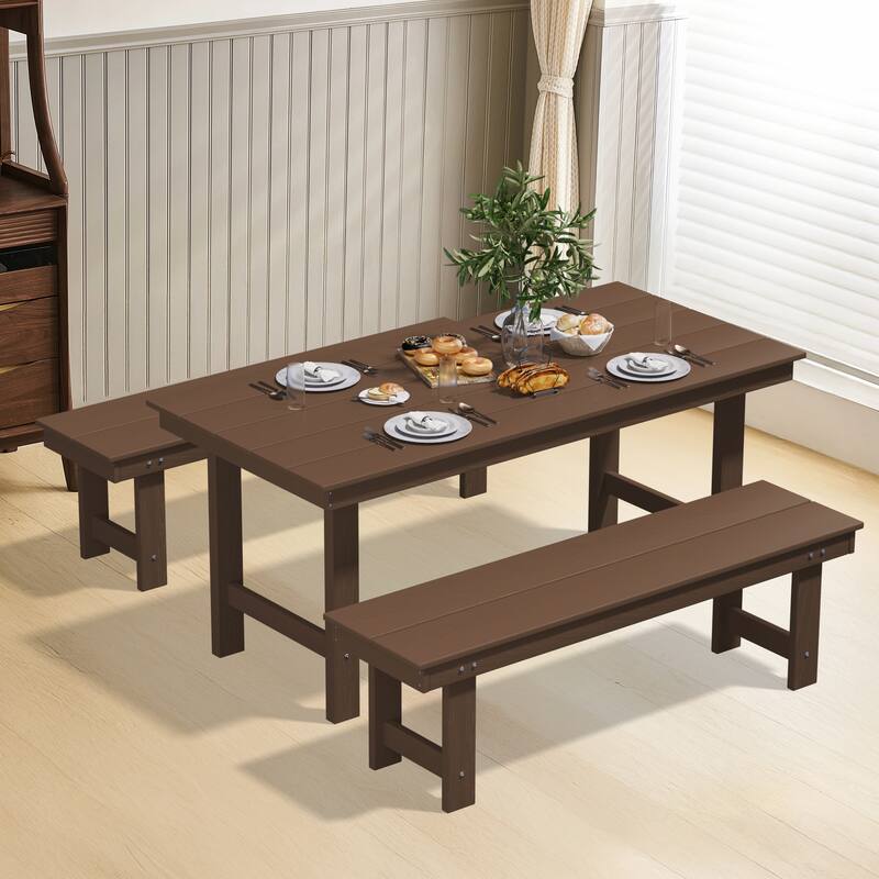 3-Piece HDPE Outdoor Dining Set with Umbrella Hole Table and Two 2-Person Benches