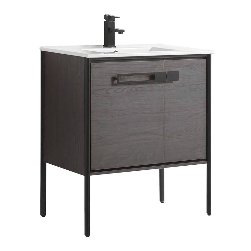 Fine Fixtures Oakville Bathroom Vanity with White Ceramic Sink - 30 Inch - Black Coal Oak - Black Hardware