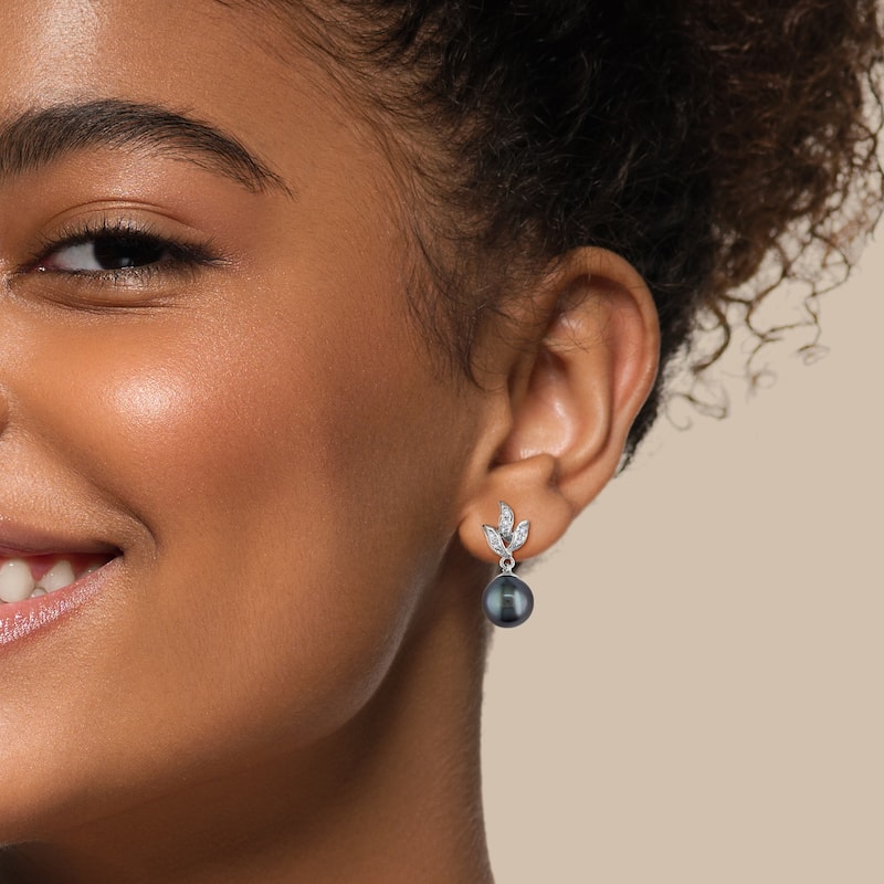 Miadora 9-9.5 mm Black Tahitian Cultured Pearl and 1/10 CT TW Diamond Earrings in 10k White Gold