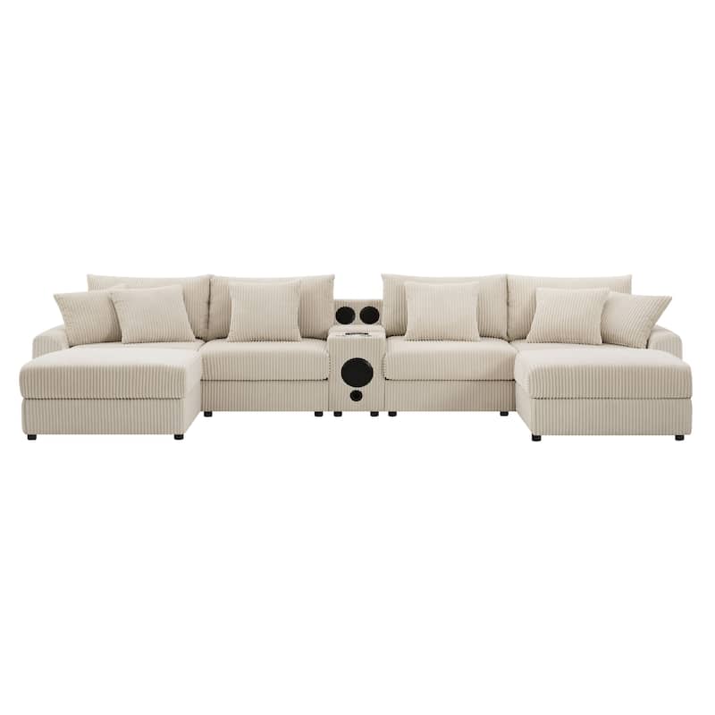 Roomfitters 141.5" Corduroy Sectional Sofa, U Shaped Couch with Console, Deep Wide Seat, Ottoman, Cream