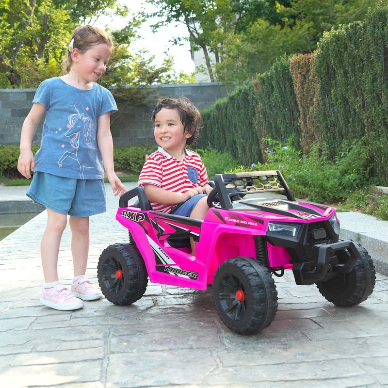 Rose Red Electric Off-Road Toy with Built-in Music, 12V Ride on Truck Car, Battery Powered Electric Vehicle for Garden Lawn