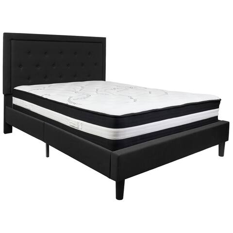 85.75" Black and White Upholstered Platform Bed with Pocket Spring Mattress - Queen Size
